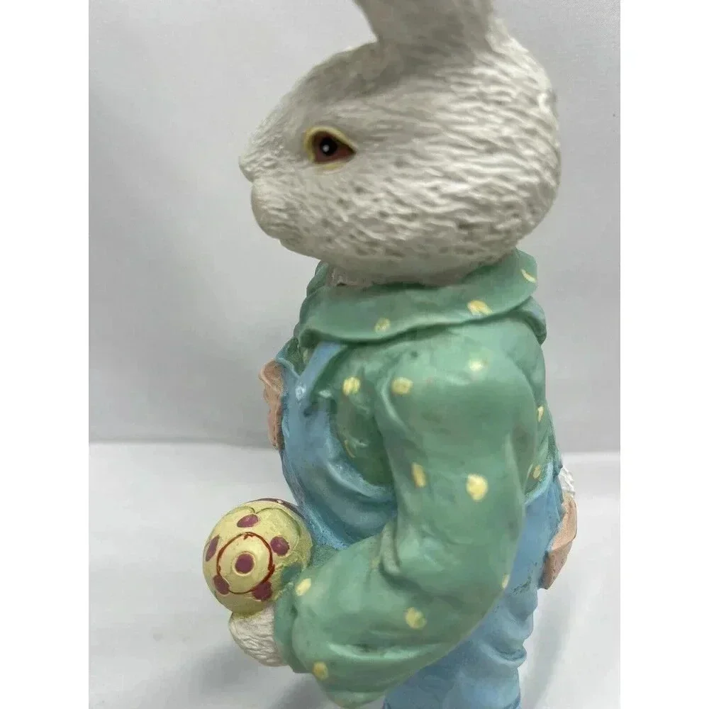 Vintage Bunny Rabbit Figurine Painting Egg Blue Overalls Easter Spring